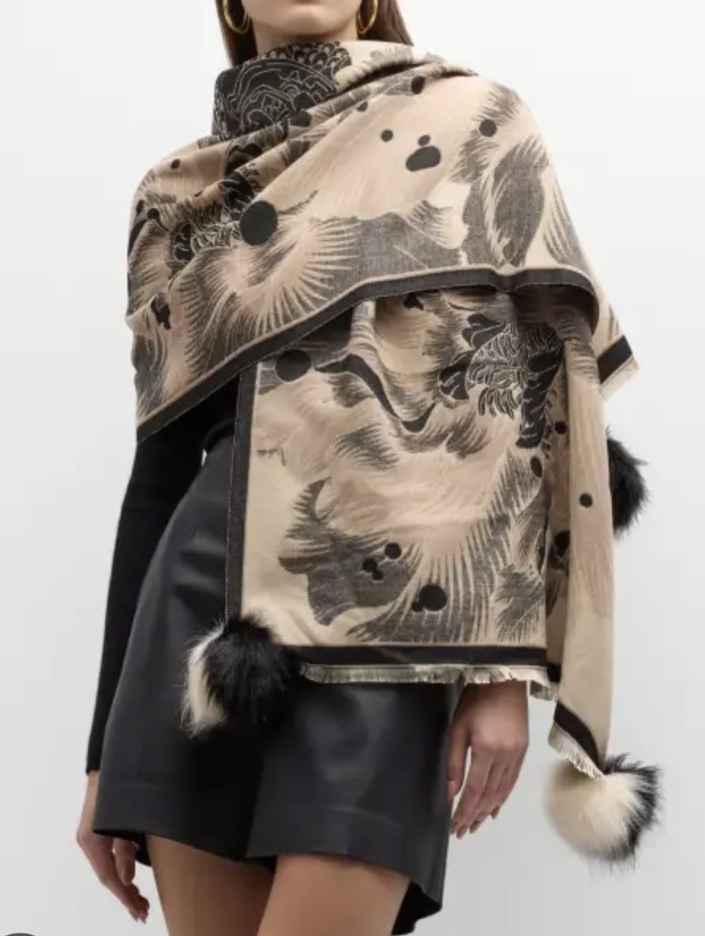 Soft Surroundings Floral Shawl with Dark Trim and Pom-Pom Tassels